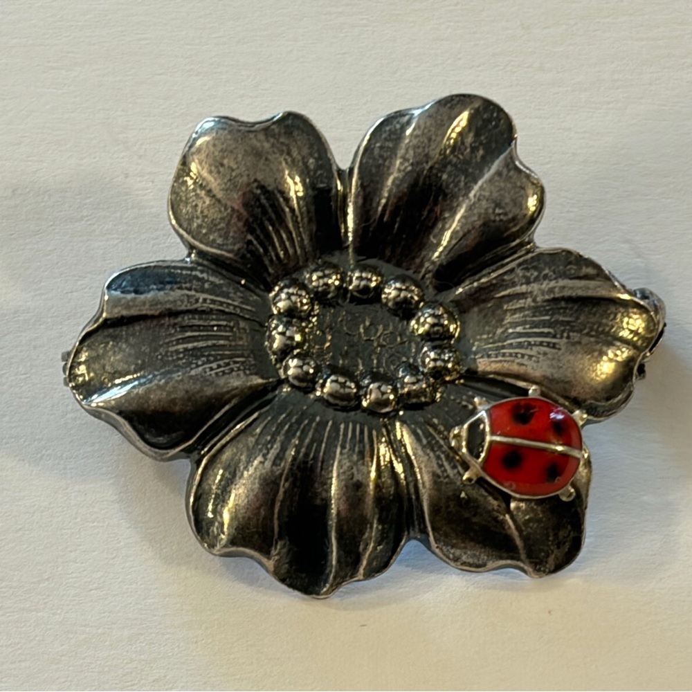 Vintage Sterling Silver Flower & Enamel Ladybug Brooch Pin - Good Luck